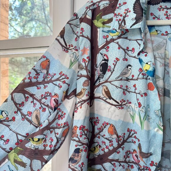 NWT Karen Mabon Winter Birds Satin Pajama Set Button Down Top + Pants Large - Picture 6 of 14